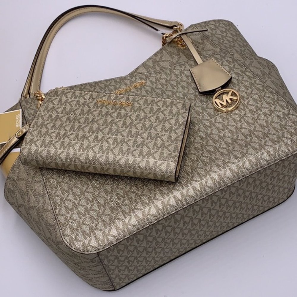 Michael Kors Large X Chain Shoulder Tote & Large Double Zip Wallet Pale Gold - Picture 5 of 16